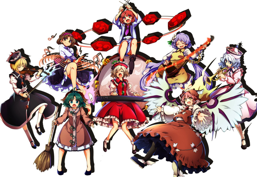 +_+ 6+girls :d ahoge animal_ears baba_(baba_seimaijo) bamboo_broom barefoot beamed_semiquavers belt bird_wings biwa_lute black_skirt blonde_hair blue_eyes blue_hair boots bow_(instrument) breasts broom brown_eyes brown_hair chain closed_eyes collared_shirt commentary_request crescent crotchet dog_ears dress drop_shadow drum drumsticks eyebrows eyebrows_visible_through_hair fang floppy_ears flower frilled_skirt frills full_body green_hair hair_flower hair_ornament hairband hat high-waist_skirt highres horikawa_raiko instrument jacket jewelry juliet_sleeves kasodani_kyouko keyboard_(instrument) kneeling long_hair long_sleeves looking_at_viewer low_twintails lunasa_prismriver lute_(instrument) lyrica_prismriver mary_janes merlin_prismriver mitsudomoe_(shape) multiple_girls music musical_note mystia_lorelei necktie open_mouth pink_hair plaid plaid_shirt playing_instrument puffy_sleeves purple_hair quaver red_eyes redhead ring see-through semiquaver sharp_sign shirt shoes short_dress short_hair silver_hair singing skirt skirt_set small_breasts smile staff_(music) sweat tachi-e taiko_drum tail tomoe_(symbol) touhou transparent_background treble_clef trumpet tsukumo_benben tsukumo_yatsuhashi twintails very_long_hair vest violin white_background white_shirt wide_sleeves wings yellow_eyes