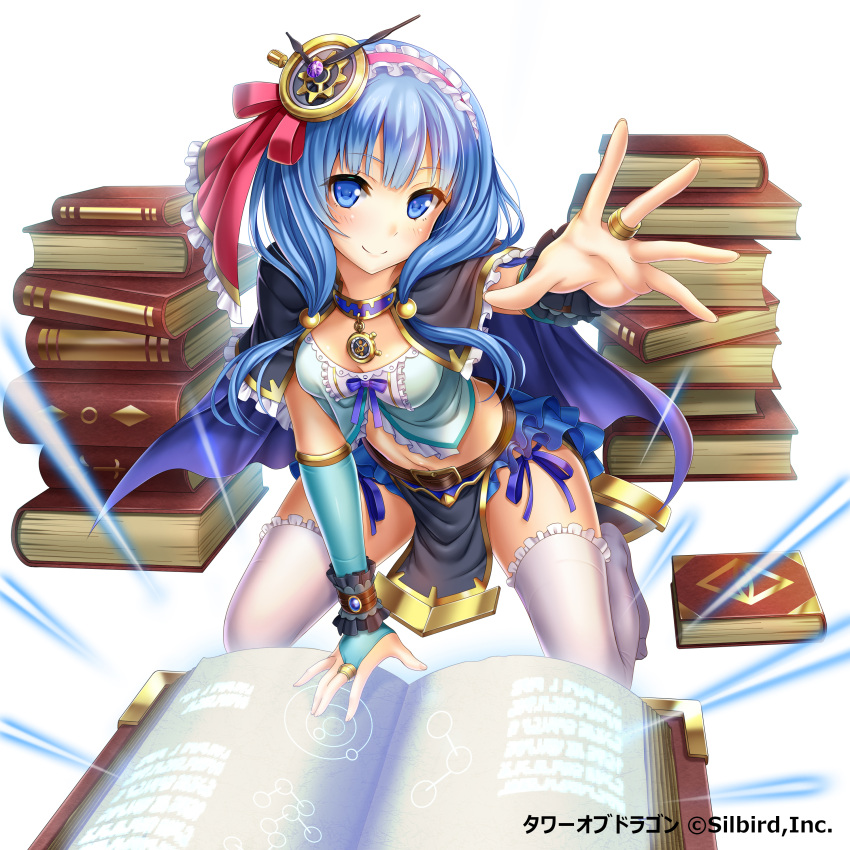 1girl absurdres blue_eyes blue_hair book breasts cleavage dansa hair_ornament hair_ribbon highres kneeling long_hair magic midriff navel purple_ribbon red_ribbon ribbon simple_background solo tower_of_dragon white_background