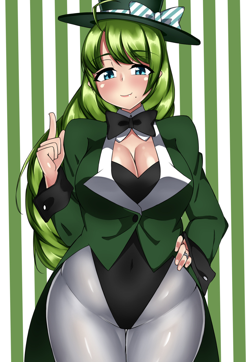1girl absurdres black_leotard blue_eyes bow bowtie braid breasts cleavage detached_collar green_hair green_jacket grey_legwear hand_on_hip hat highres jacket jewelry kantai_collection leotard long_hair magician mole mole_under_mouth pantyhose ribbon ring ryokutoosu single_braid smile solo striped striped_background top_hat vertical-striped_background vertical_stripes very_long_hair wedding_ring yuugumo_(kantai_collection)
