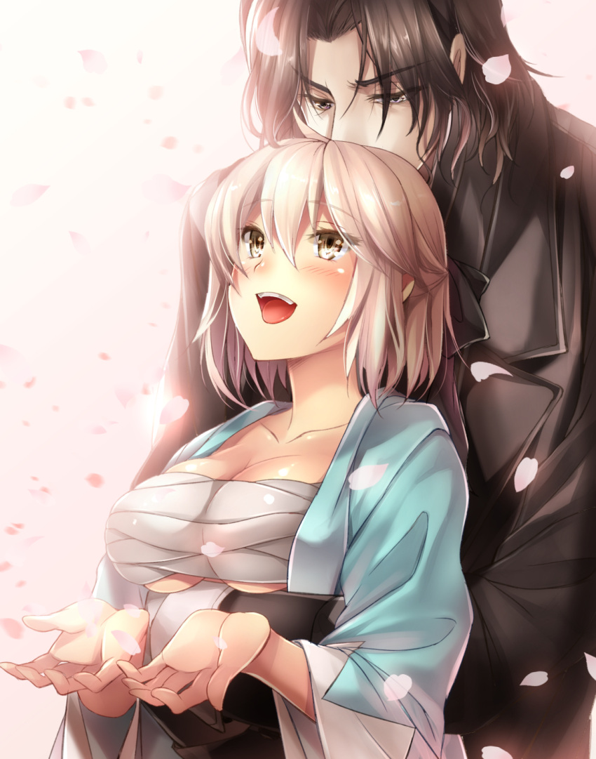 1boy 1girl black_hair blonde_hair blush breasts cherry_blossoms couple crossover drifters fate/grand_order fate_(series) highres hijikata_toshizou_(drifters) hug hug_from_behind koha-ace long_hair mia_(gute-nacht-07) open_mouth sakura_saber short_hair simple_background smile