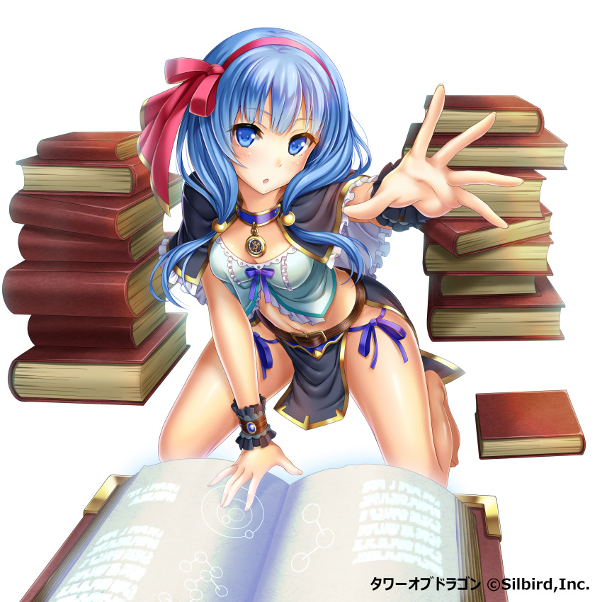 1girl absurdres blue_eyes blue_hair book breasts cleavage dansa hair_ornament hair_ribbon highres kneeling long_hair midriff navel purple_ribbon red_ribbon ribbon simple_background solo tower_of_dragon white_background
