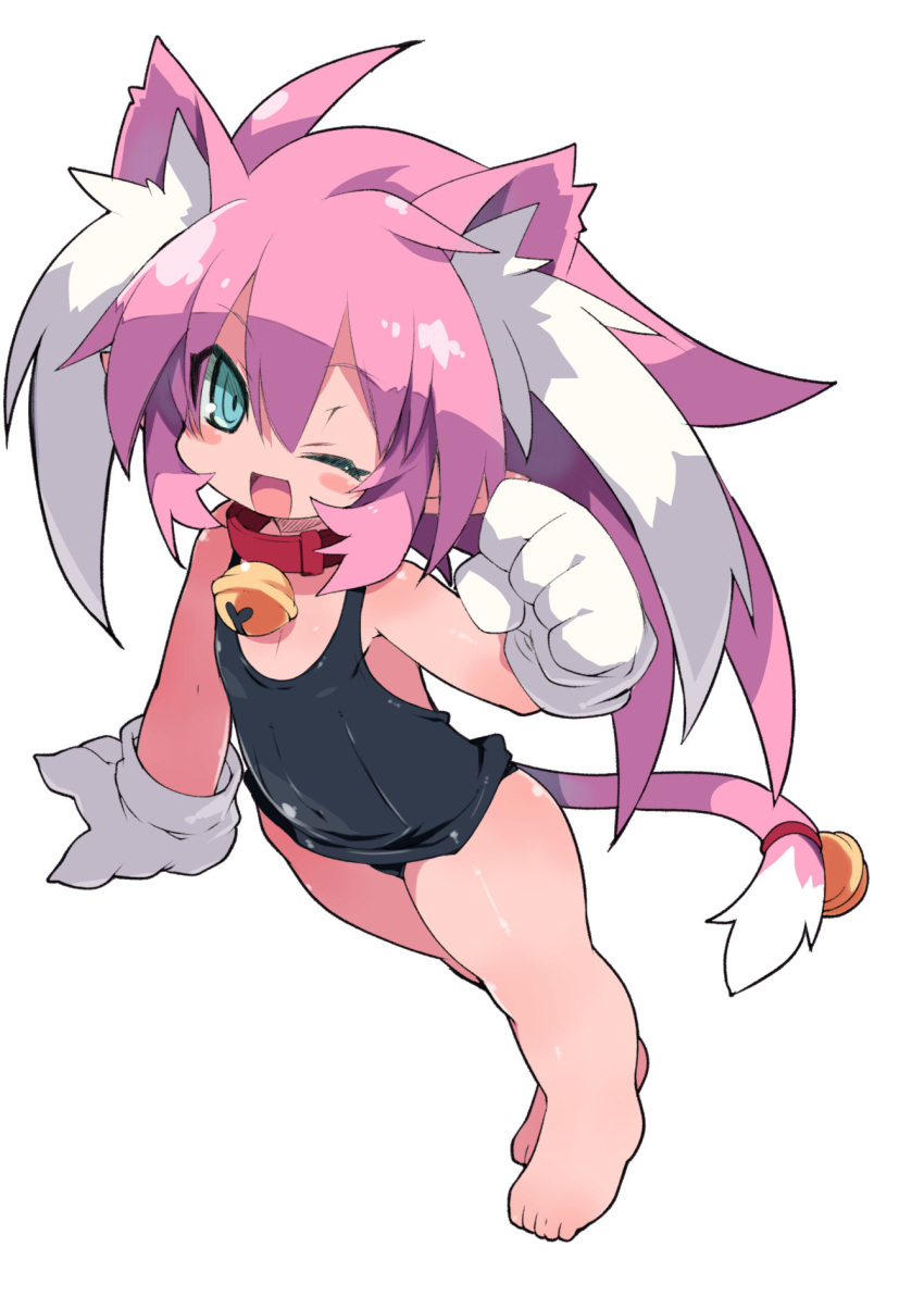 animal_ears aqua_eyes barefoot blush_stickers cat_ears cat_tail clenched_hand collarbone full_body gloves highres long_hair looking_at_viewer one-piece_swimsuit one_eye_closed pink_hair simple_background swimsuit tail white_background white_gloves zankuro