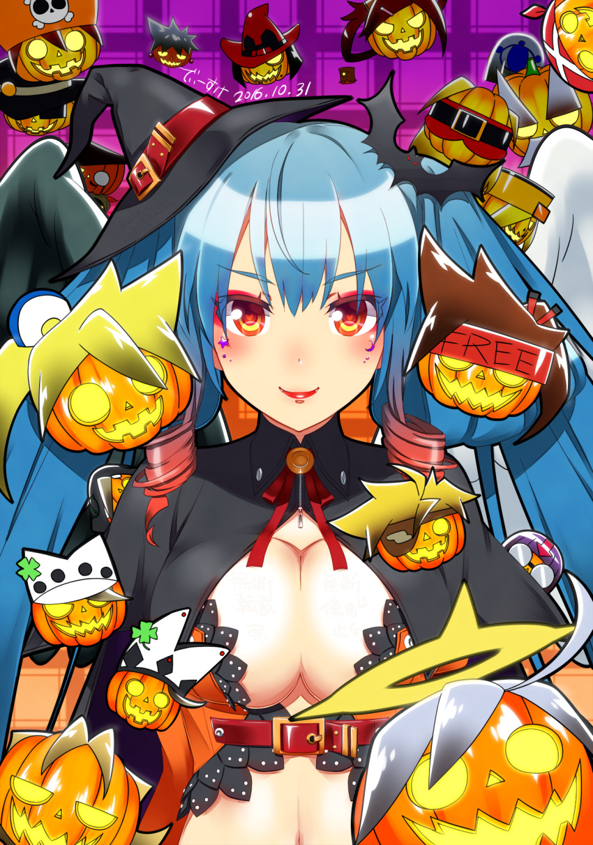 1girl adapted_costume asymmetrical_wings blue_hair breasts cameo cleavage cleavage_cutout dizzy eyeshadow guilty_gear guilty_gear_xrd halloween hat heart heart-shaped_pupils highres jack-o'-lantern large_breasts lipstick long_hair makeup midriff mini_hat mini_witch_hat navel orochi_(namashiba) red_eyes ringed_eyes solo symbol-shaped_pupils twintails wings witch_hat