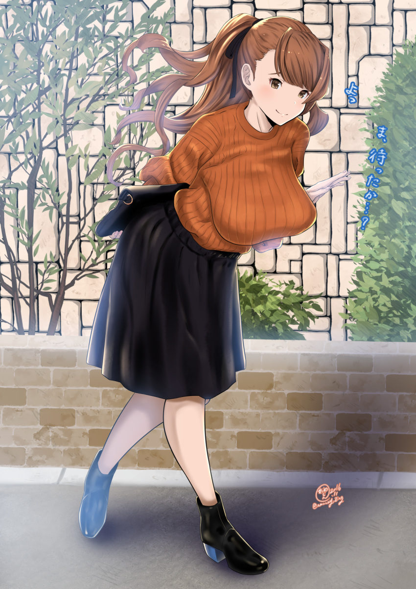 1girl arm_behind_back bag beatrix_(granblue_fantasy) bookbag breasts brick_wall granblue_fantasy highres k.ty_(amejin) large_breasts long_hair looking_at_viewer ribbed_sweater signature skirt solo sweater translation_request walking