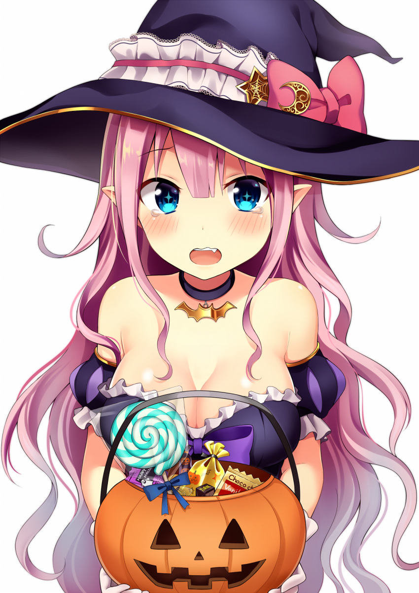 1girl bare_shoulders blue_eyes blush breasts candy choker cleavage fang halloween halloween_costume hat highres jack-o'-lantern large_breasts long_hair looking_at_viewer open_mouth original pink_hair pointy_ears pumpkin revision simple_background solo sparkling_eyes tears white_background witch_hat yuusa