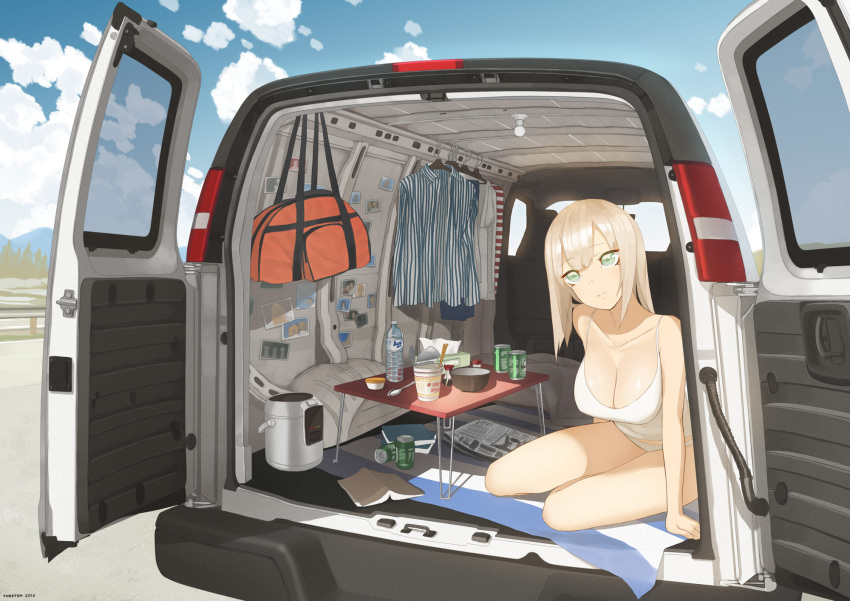 1girl 2016 arm_support artist_name bag bangs bare_arms bare_legs beer_can blanket blonde_hair blue_sky book bottle breasts camisole car car_interior chopsticks cleavage closed_mouth clothes_hanger clothes_removed collarbone cup day green_eyes ground_vehicle head_tilt highres instant_ramen long_hair looking_at_viewer makeup mat medium_breasts motor_vehicle mug newspaper no_pants on_floor open_book original panties photo_(object) road sauce shade shirt sitting sky smile solo spaghetti_strap spoon street striped striped_shirt table throtem tissue_box underwear van vertical-striped_shirt vertical_stripes water_boiler water_bottle white_panties yokozuwari