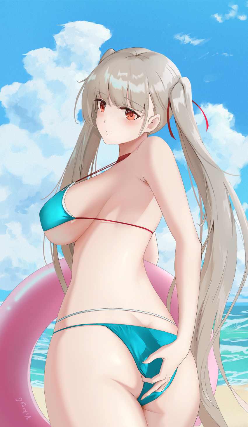 1girl absurdres aqua_bikini ass azur_lane beach bikini breasts clouds eyebrows_visible_through_hair formidable_(azur_lane) formidable_(the_lady_of_the_beach)_(azur_lane) gan-viking gradient_sky grey_hair hair_ornament hair_ribbon highres large_breasts long_hair looking_at_viewer ocean red_eyes ribbon sideboob sky smile solo swimsuit twintails very_long_hair