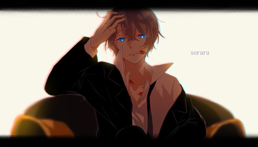 1boy blue_eyes character_name chromatic_aberration couch crossed_legs dress_shirt hand_in_hair highres letterboxed lipstick_mark male_focus necktie niconico off_shoulder popped_collar shirt sitting solo soraru usagi_(31820156)