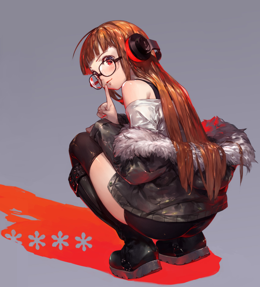 1girl ahoge back bangs bare_shoulders black-framed_eyewear black_boots black_legwear black_shorts blunt_bangs blush boots brown_hair closed_mouth finger_to_mouth from_behind full_body fur-lined_jacket glasses grey_background grey_jacket hand_on_own_thigh headphones highres jacket jikan_hakushaku light_smile long_hair long_sleeves looking_at_viewer looking_back off-shoulder_shirt off_shoulder orange_hair persona persona_5 sakura_futaba shadow shiny shiny_clothes shiny_skin shirt shorts shushing simple_background sleeves_past_wrists solo squatting straight_hair thigh-highs white_shirt