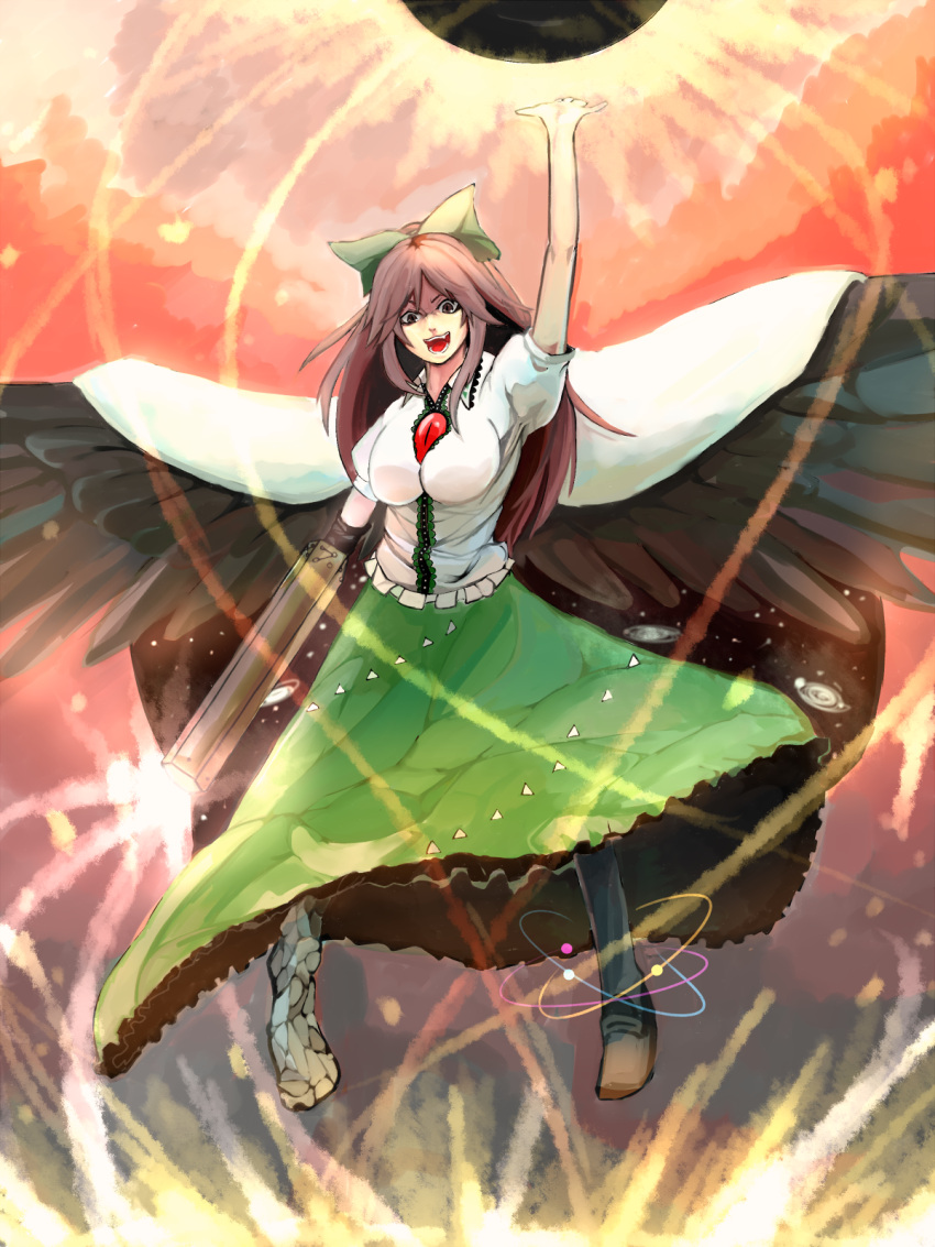 &gt;:d 1girl :d arm_cannon arm_up asymmetrical_legwear bird_wings black_sun black_wings bow breasts brown_eyes brown_hair cape dress_shirt feathered_wings frilled_skirt frills green_bow green_skirt hair_bow highres large_breasts long_hair long_skirt looking_at_viewer minami_koyogi open_mouth puffy_short_sleeves puffy_sleeves reiuji_utsuho shirt short_sleeves sidelocks skirt smile solo sun teeth third_eye touhou weapon white_shirt wings