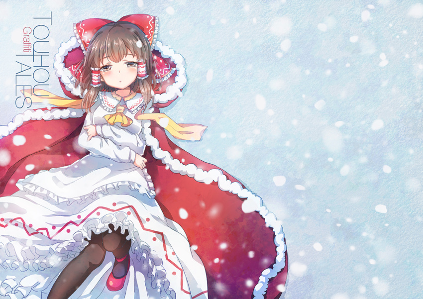 1girl alternate_color alternate_costume apron ascot black_legwear blush bow brown_eyes brown_hair cloak collar crossed_arms dress emia_wang frilled_bow frilled_collar frilled_dress frills hair_bow hair_tubes hakurei_reimu half-closed_eyes knee_up long_sleeves looking_at_viewer lying mary_janes on_back open_mouth pantyhose red_bow red_cloak red_shoes scarf_removed shoes short_hair snow snowing solo text touhou waist_apron white_dress yellow_ascot