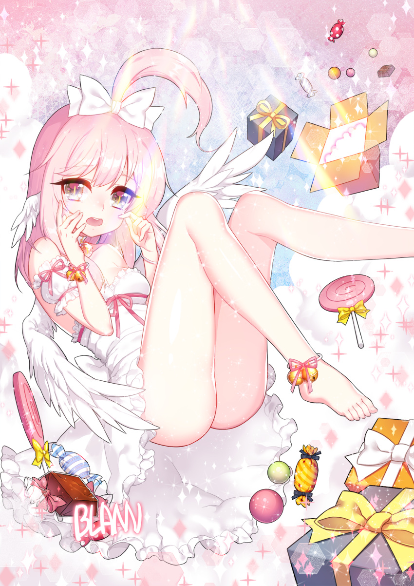 1girl barefoot blann bow box breasts dress feathered_wings gift gift_box grey_eyes hair_bow hair_ornament highres long_hair open_mouth original pink_eyes small_breasts solo white_bow white_dress white_wings wings