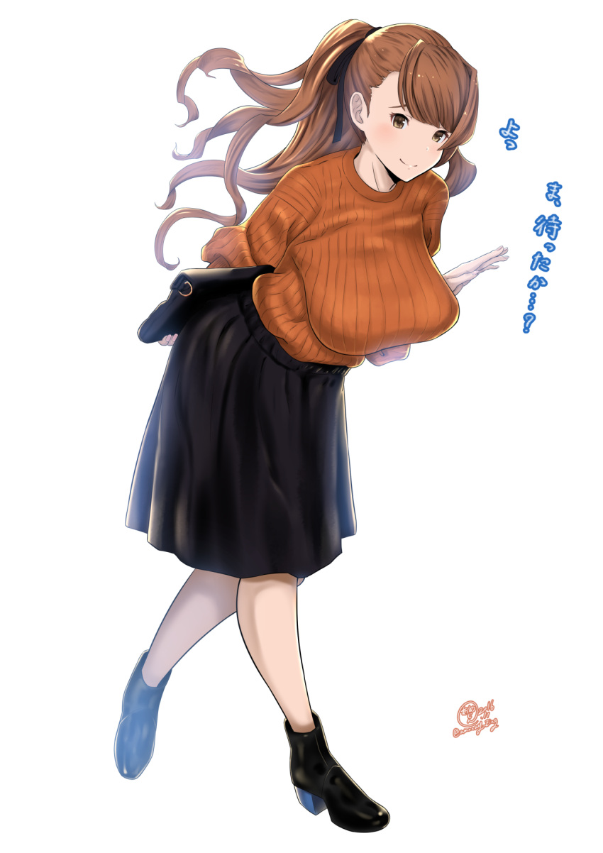 1girl arm_behind_back bag beatrix_(granblue_fantasy) bookbag breasts granblue_fantasy highres k.ty_(amejin) large_breasts long_hair looking_at_viewer ribbed_sweater signature simple_background skirt solo sweater translation_request walking white_background