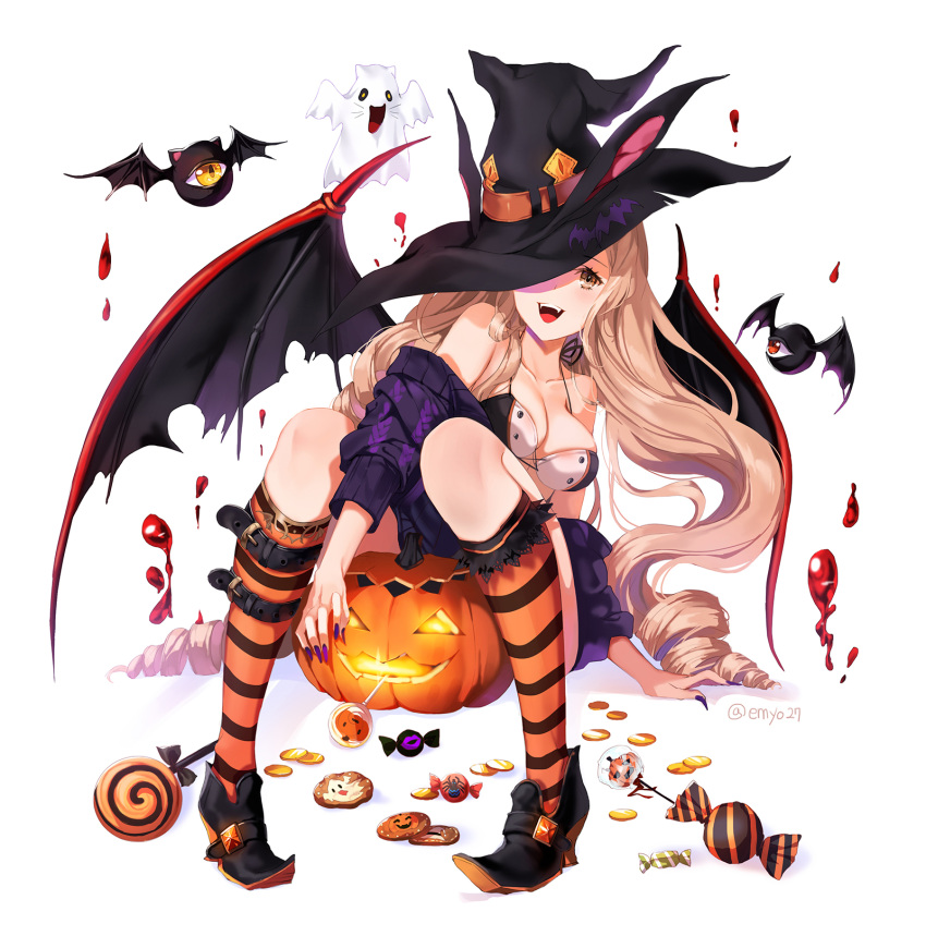 1girl :d bare_shoulders blonde_hair breasts brown_eyes candy cleavage fingernails hat highres jack-o'-lantern kneehighs lollipop long_hair looking_at_viewer monster nail_polish open_mouth original purple_nails sharp_fingernails sitting smile solo striped striped_legwear teeth witch_hat yumaomi