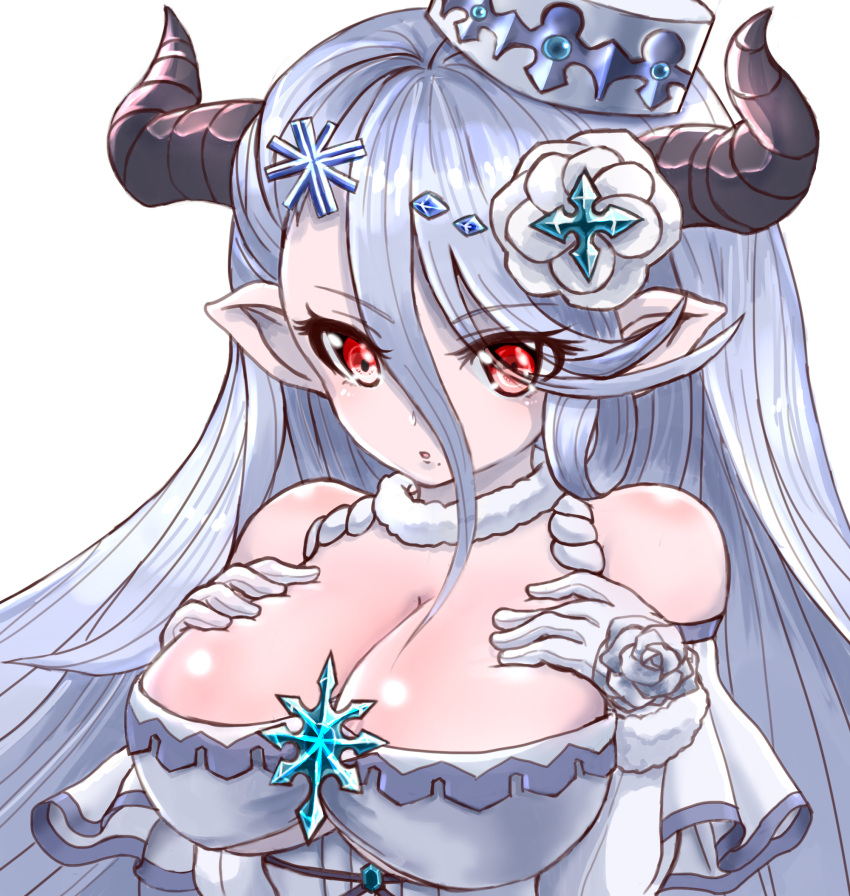 1girl :o breast_suppress breasts cleavage doraf dress eyebrows eyebrows_visible_through_hair eyes_visible_through_hair flower fur_collar granblue_fantasy hair_between_eyes hair_flower hair_ornament halterneck hat highres horns izmir large_breasts long_hair mini_hat mole mole_under_mouth open_mouth pointy_ears red_eyes rose silver_hair snowflakes solo under_boob white_dress white_hat white_rose