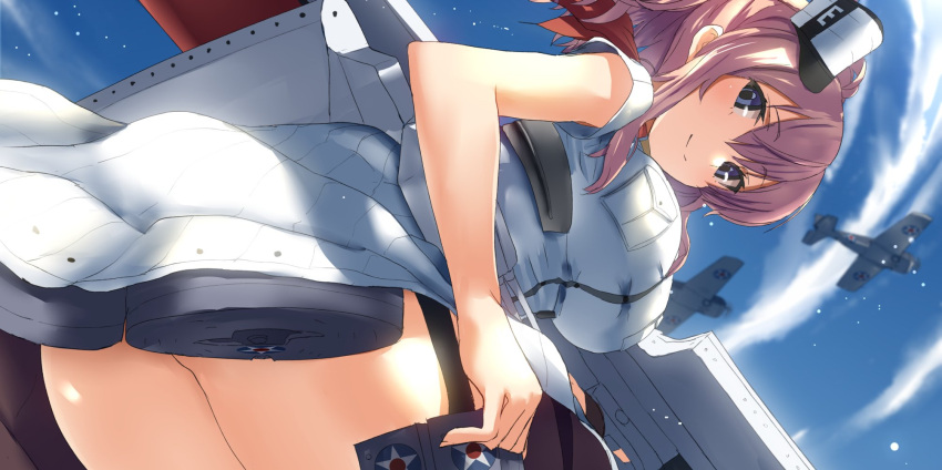 1girl aircraft ass auburn_hair blouse blue_eyes breasts drum_magazine eyebrows eyebrows_visible_through_hair f4f_wildcat flight_deck from_below funnel garter_straps hair_between_eyes highres kantai_collection large_breasts looking_at_viewer magazine_(weapon) military military_vehicle pocket red_neckerchief saratoga_(kantai_collection) shiny shiny_skin short_sleeves sky smile solo tsuuhan white_blouse