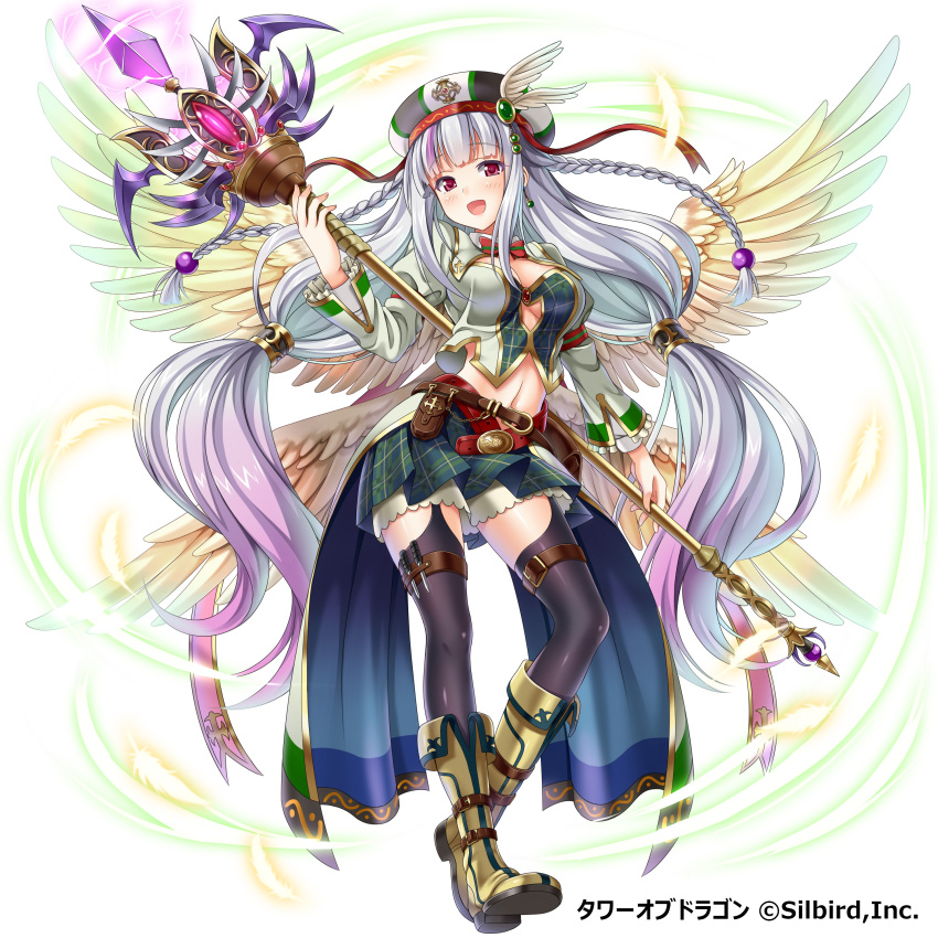 1girl absurdres black_legwear breasts cleavage dansa feathered_wings garter_straps green_skirt hat highres holding holding_weapon long_hair midriff navel pleated_skirt red_eyes silver_hair simple_background skirt solo staff thigh-highs tower_of_dragon weapon white_background wings