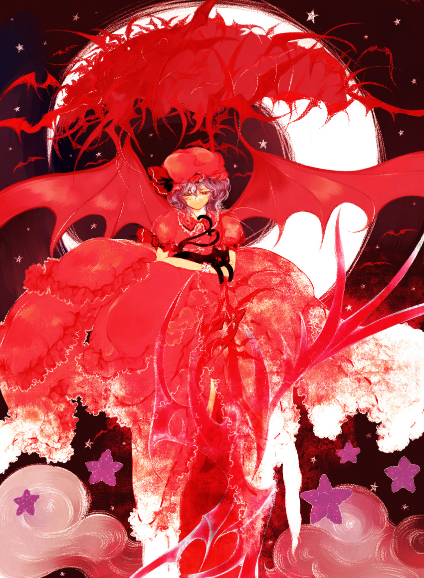 1girl absurdres bat bat_wings black_cat cat collar crescent_moon dress female frilled_collar frilled_dress frills hat hat_ribbon highres holding_cat lavender_hair looking_at_viewer mob_cap moon multiple_tails outdoors philocne puffy_short_sleeves puffy_sleeves red_dress red_eyes red_hat red_ribbon red_sky remilia_scarlet ribbon short_hair short_sleeves sky smile solo star star_(sky) starry_sky tail touhou two_tails wings