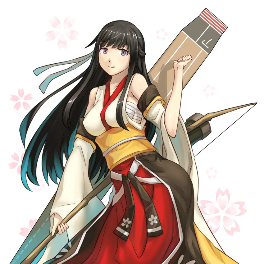 1girl akagi_(zhan_jian_shao_nyu) arm_up armpits arpeggio_kaga black_hair blue_eyes bow_(weapon) breasts covered_nipples cowboy_shot detached_sleeves flight_deck floral_background highres holding holding_weapon japanese_clothes kimono long_hair looking_at_viewer machinery obi quiver sarashi sash solo standing weapon white_background wide_sleeves zhan_jian_shao_nyu