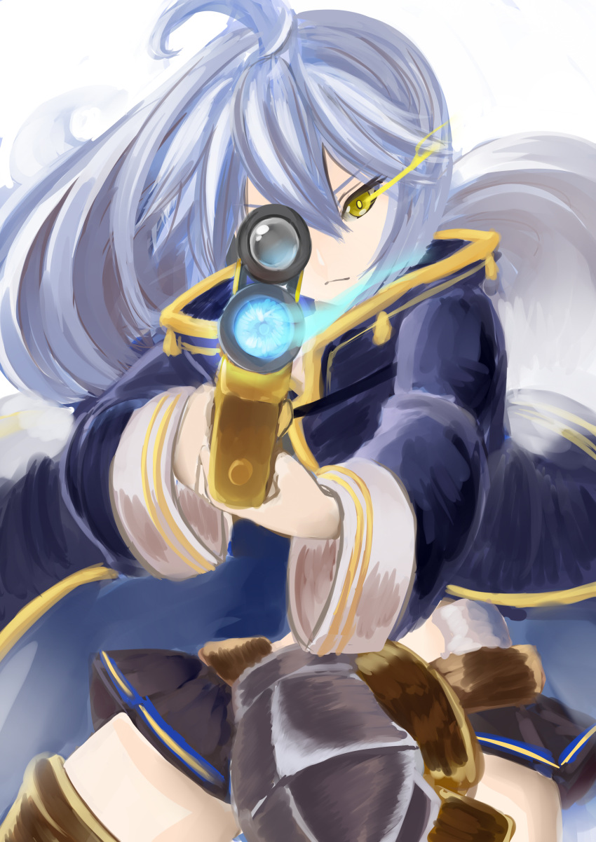 1girl absurdres ahoge aiming_at_viewer bangs belt black_skirt boots brown_legwear closed_mouth coat glowing glowing_eye granblue_fantasy gun hair_between_eyes highres holding holding_gun holding_weapon long_hair long_sleeves looking_at_viewer miniskirt no_lineart open_clothes open_coat pleated_skirt rifle silva_(granblue_fantasy) silver_hair simple_background sin_(kami148) skirt solo thigh-highs thigh_boots weapon white_background wide_sleeves yellow_eyes yellow_pupils zettai_ryouiki