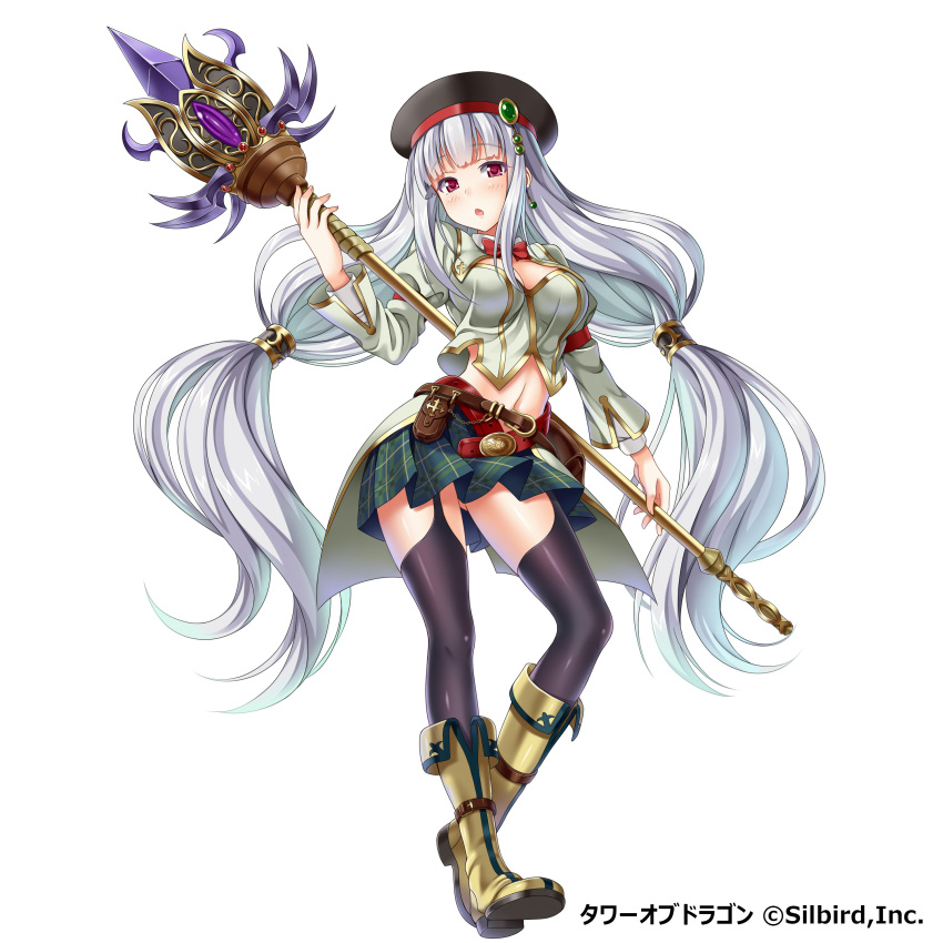 1girl absurdres black_legwear breasts cleavage dansa garter_straps green_skirt hat highres holding holding_weapon long_hair midriff navel pleated_skirt red_eyes silver_hair simple_background skirt solo staff thigh-highs tower_of_dragon weapon white_background