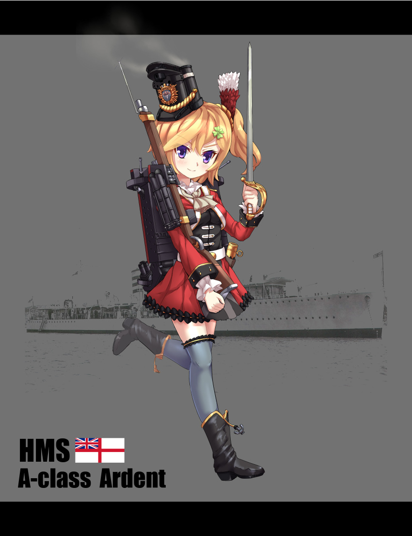 1girl absurdres anchor ardent_(zhan_jian_shao_nyu) black_hat black_shirt black_shoes blonde_hair blush breasts british character_name closed_mouth clover clover_hair_ornament coat cravat cropped_jacket emblem four-leaf_clover grey_legwear gun hair_ornament hat highres hms_ardent holding holding_sword holding_weapon long_sleeves looking_at_viewer machinery military military_vehicle official_art one_leg_raised photo_background red_coat red_skirt rifle saber_(weapon) scabbard sheath ship shirt shoes side_ponytail sirills skirt smile smoke solo standing standing_on_one_leg sword text thigh-highs torpedo union_jack violet_eyes warship watercraft weapon white_belt white_ensign zettai_ryouiki zhan_jian_shao_nyu