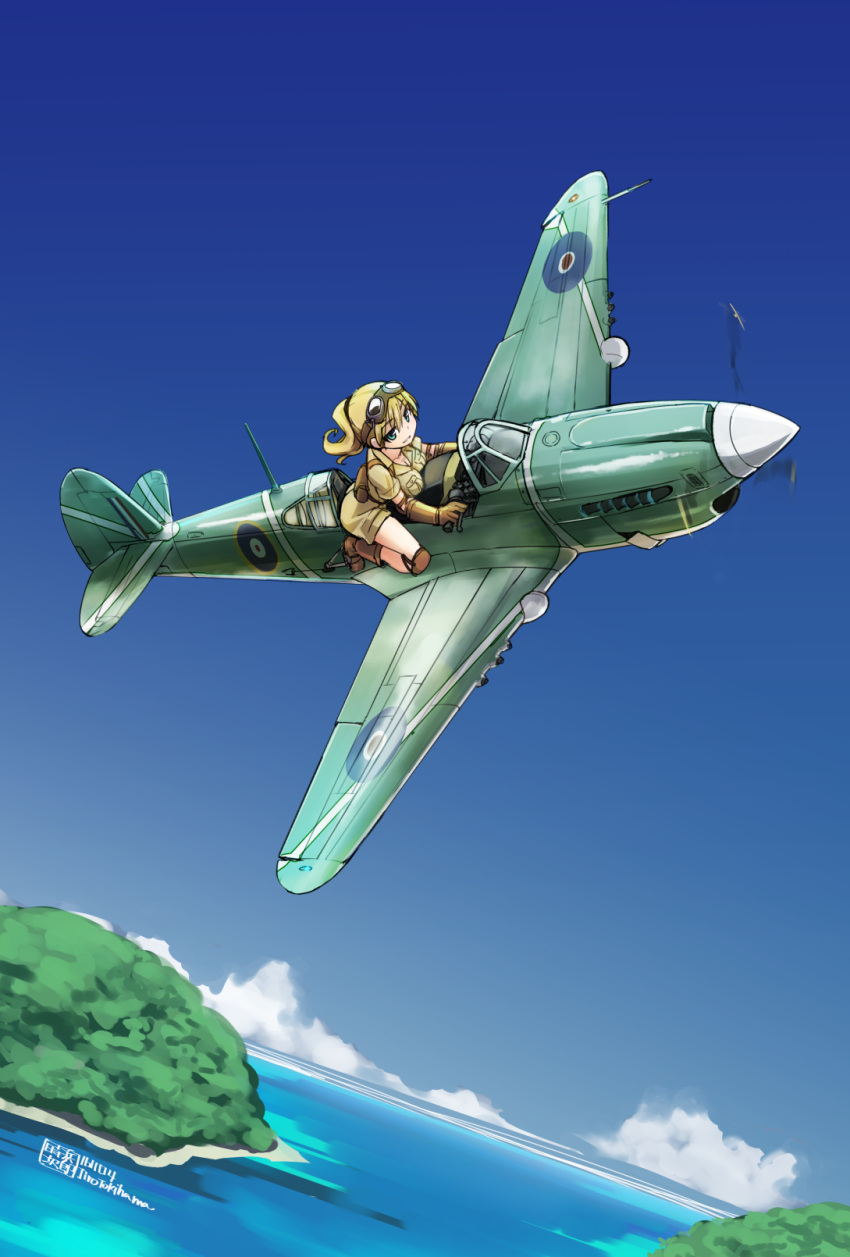 1girl aircraft airplane artist_name blonde_hair blue_eyes dated flying highres original ponytail signature sky solo tokihama_jirou world_war_ii