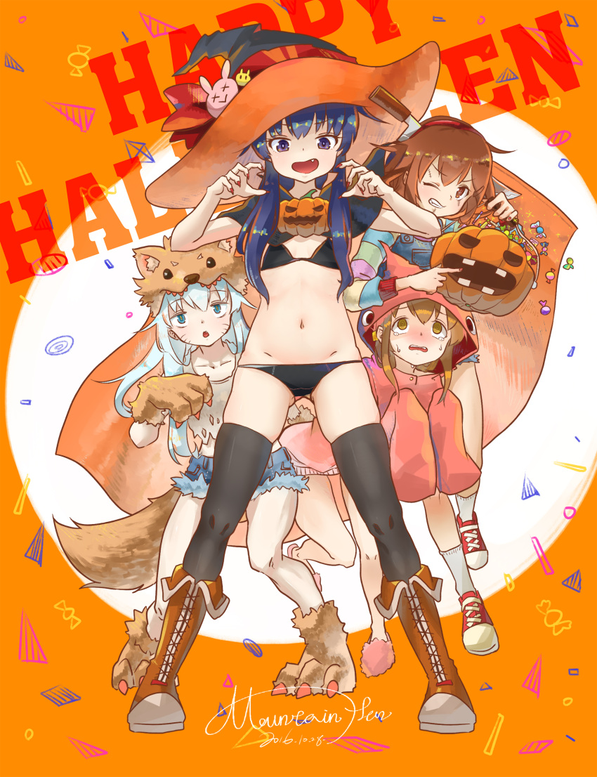 4girls akatsuki_(kantai_collection) animal_hat bikini black_bikini black_eyes black_hair black_legwear blue_eyes blush boots brown_eyes brown_hair candy capelet claw_pose cloak cross-laced_footwear denim denim_shorts fang grin halloween hat hibiki_(kantai_collection) highres hood hooded_cloak ikazuchi_(kantai_collection) inazuma_(kantai_collection) kantai_collection kneeling knife_in_head lace-up_boots long_hair looking_at_another looking_at_viewer multiple_girls navel one_eye_closed open_mouth paws pumpkin scared shoes short_hair shorts signature silver_hair smile sneakers socks standing stitches stuffed_toy suspenders sweatdrop swimsuit tail tearing_up thigh-highs torn_clothes white_legwear witch_hat yama_gan