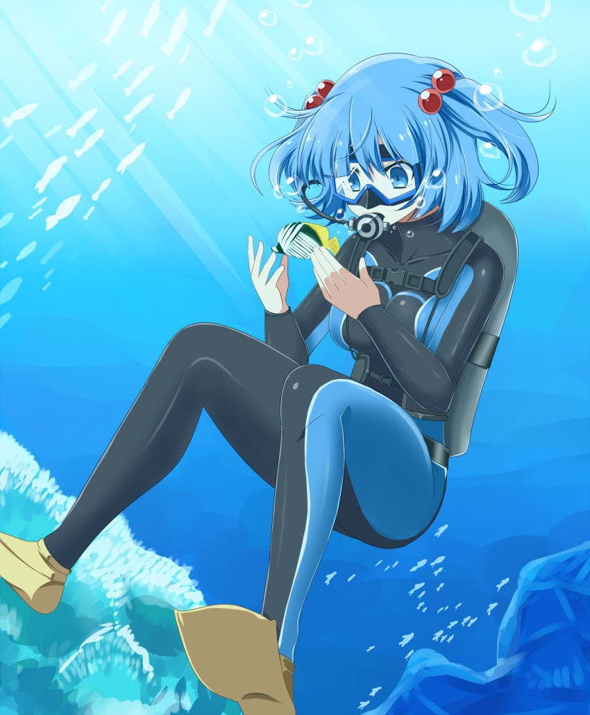 1girl air_bubble blue_eyes blue_hair breasts bubble coral_reef diving_mask diving_regulator fish flippers goggles hair_bobbles hair_ornament highres kawashiro_nitori light_rays rise_(rise19851203) school_of_fish scuba scuba_gear scuba_tank solo sunbeam sunlight touhou tropical_fish two_side_up underwater underwear wetsuit