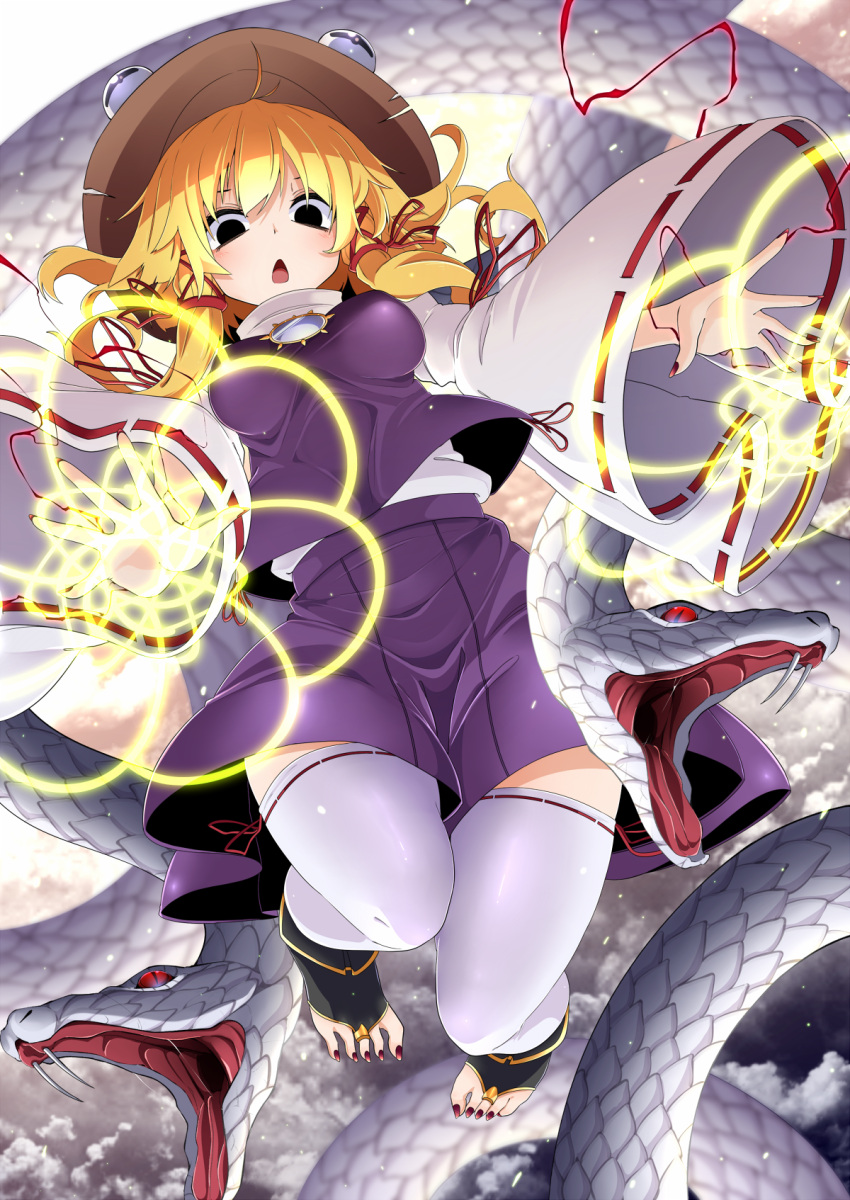 1girl black_eyes blonde_hair breasts commentary_request fangs hair_ribbon hat highres long_sleeves medium_breasts mirror mishaguji moriya_suwako nail_polish purple_skirt red_eyes red_ribbon revision ribbon rihito_(usazukin) sidelocks skirt snake solo thigh-highs toeless_legwear touhou tress_ribbon vest white_legwear white_snake wide_sleeves