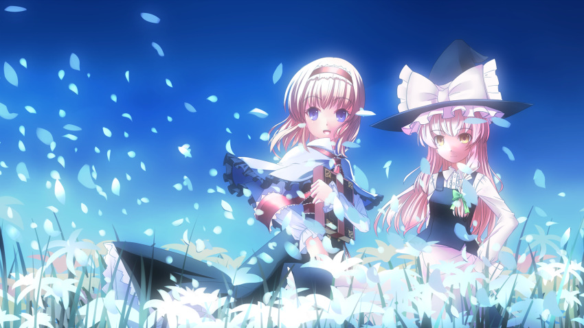 2girls alice_margatroid ascot blue_eyes bow braid capelet clere day dress field flower flower_field green_bow hair_bow hairband hand_on_hip hat hat_bow highres kirisame_marisa lolita_hairband long_hair long_sleeves looking_at_viewer multiple_girls parted_lips petals short_hair side_braid smile touhou white_bow witch_hat yellow_eyes