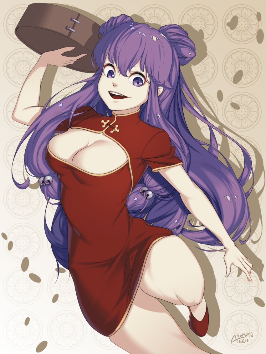 1girl anura_(whrhkdxod) bell breasts china_dress chinese_clothes cleavage cleavage_cutout double_bun dress hair_bell hair_ornament highres long_hair medium_breasts open_mouth purple_hair ranma_1/2 red_dress red_shoes shampoo_(ranma_1/2) shoes smile solo violet_eyes