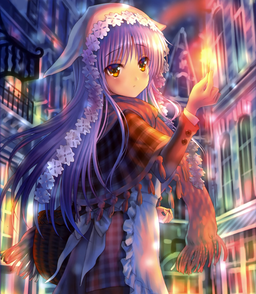 1girl :/ angel_beats! apron basket blurry blush building capelet closed_mouth depth_of_field eyebrows eyebrows_visible_through_hair fire frilled_apron frills from_side goto_p hat head_tilt highres holding lavender_hair little_match_girl long_sleeves matchstick night outdoors plaid plaid_skirt railing scan scarf skirt solo tachibana_kanade yellow_eyes