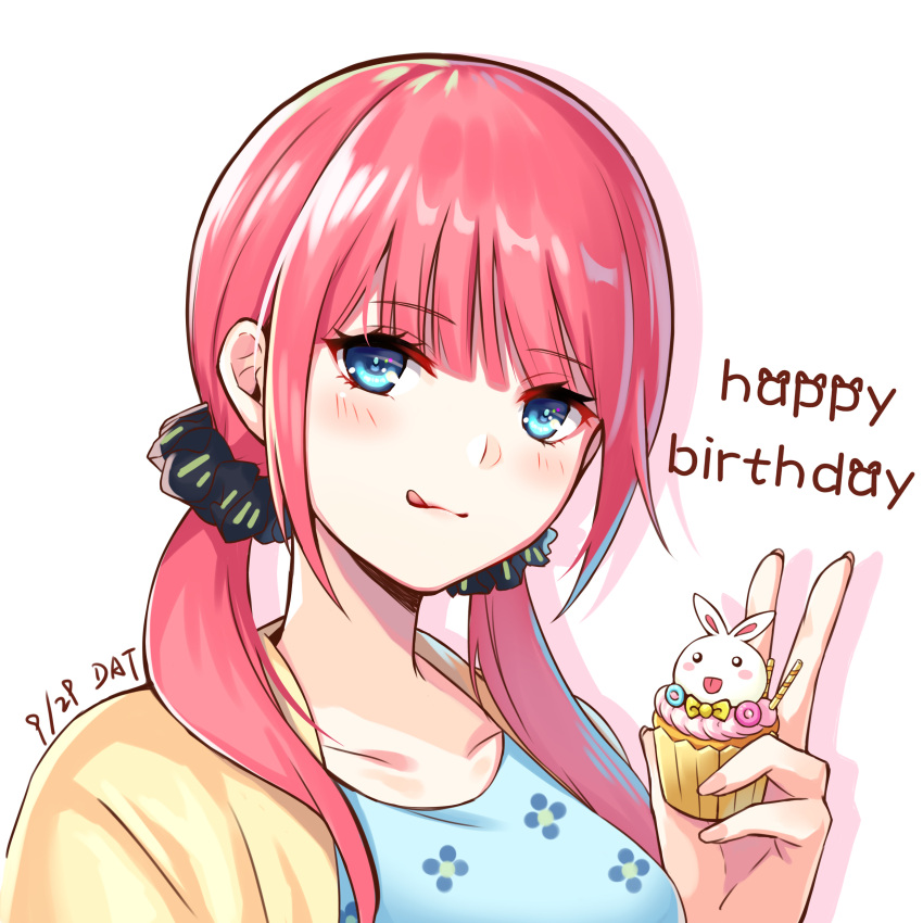 1girl :3 absurdres bangs blue_dress blue_eyes blunt_bangs blush breasts cardigan cupcake da-cart dress eyebrows_visible_through_hair floral_print food go-toubun_no_hanayome happy_birthday highres large_breasts looking_at_viewer nail_polish nakano_nino open_cardigan open_clothes pink_hair scrunchie simple_background smile tongue tongue_out twintails white_background yellow_cardigan