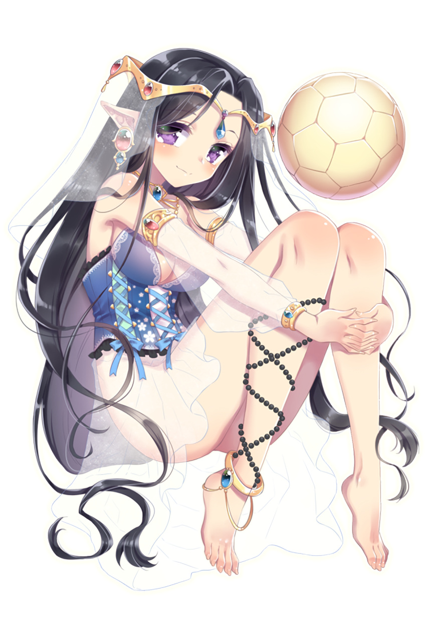 1girl anklet armlet ball barefoot black_hair breasts clarisa_(soccer_spirits) cleavage earrings highres jewelry leg_hug long_hair looking_at_viewer manle pointy_ears see-through smile soccer_ball soccer_spirits solo veil violet_eyes