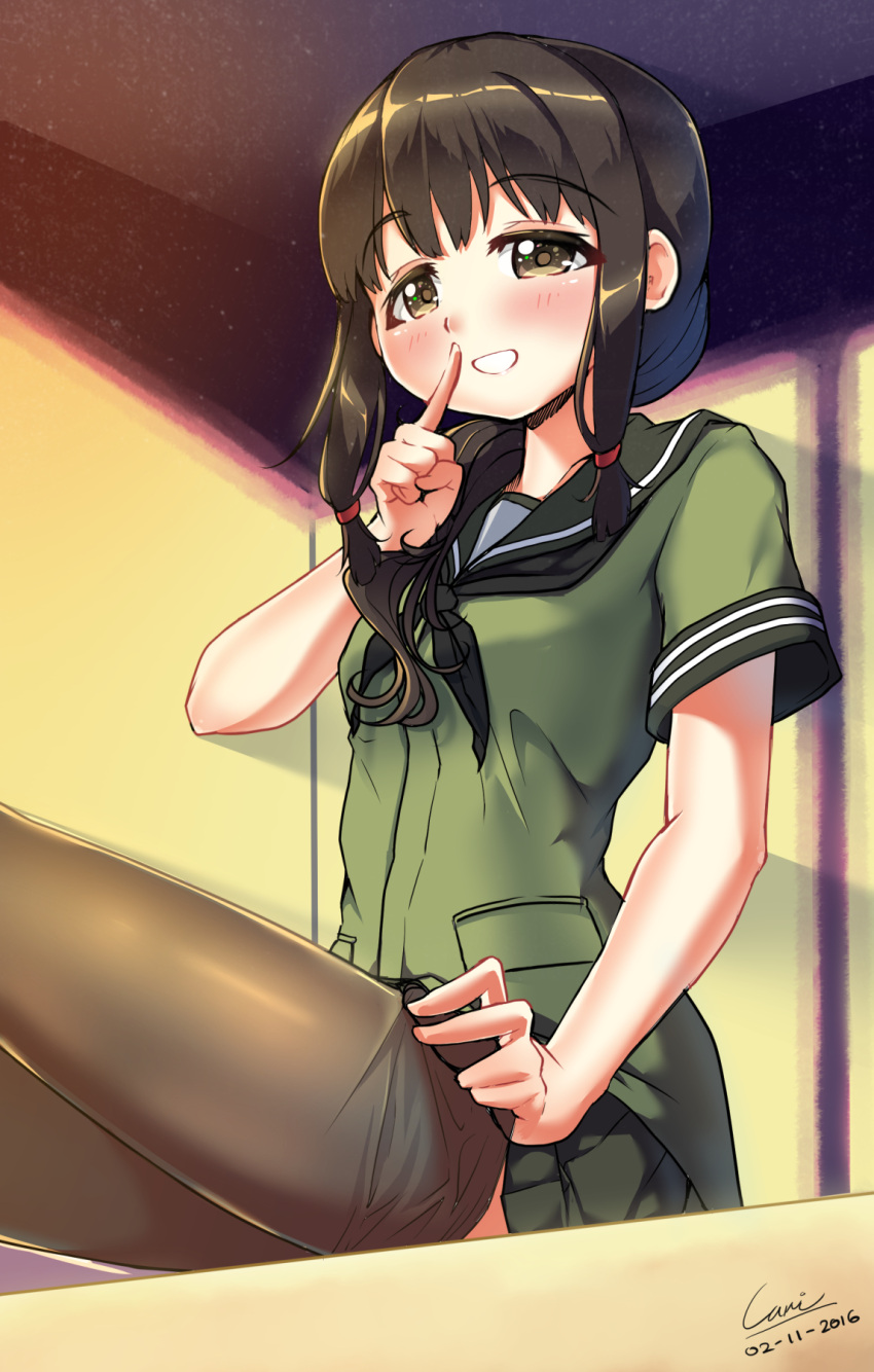 1girl :d adjusting_clothes adjusting_legwear black_hair black_legwear braid brown_eyes carillus copyright_request finger_to_mouth grin highres index_finger_raised kantai_collection kitakami_(kantai_collection) long_hair looking_at_viewer open_mouth pantyhose pleated_skirt single_braid sitting skirt smile solo
