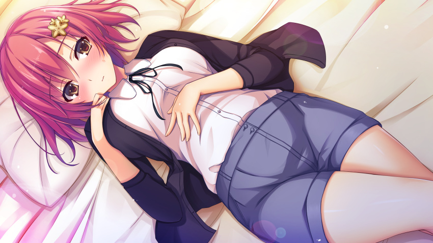 1girl 3: bed bed_sheet black_ribbon blue_shorts blush breasts brown_eyes closed_mouth collared_shirt crossed_legs dress_shirt eyebrows eyebrows_visible_through_hair flower game_cg hair_flower hair_ornament hand_on_own_chest hand_on_own_stomach highres jacket katagiri_aika lens_flare light_particles looking_at_viewer lying medium_breasts neck_ribbon nervous nose_blush official_art on_back on_bed open_clothes open_jacket pillow pink_hair reminiscence ribbon shirt short_hair shorts solo sweatdrop tomose_shunsaku white_shirt