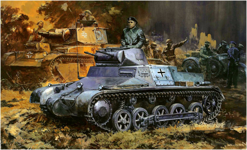 box_art eyepatch german ground_vehicle helmet highres military military_uniform military_vehicle motor_vehicle officer panzerkampfwagen_i panzerkampfwagen_ii real_life realistic scan soldier takani_yoshiyuki tank traditional_media uniform wehrmacht world_war_ii