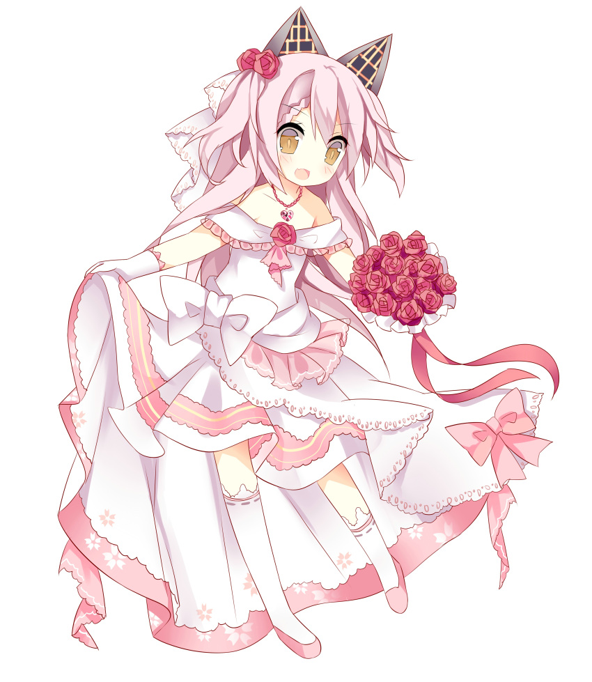 &gt;:d 1girl :d absurdres alternate_costume animal_ears asymmetrical_legwear bare_shoulders blush bouquet bow braid bridal_veil brown_eyes dress eyebrows eyebrows_visible_through_hair fake_animal_ears fang flat_chest flower french_braid frilled_dress frills full_body gem hair_flower hair_ornament highres holding_bouquet jewelry long_hair looking_at_viewer necklace open_mouth pink_bow pink_hair pink_ribbon pink_shoes ribbon shimakaze_(zhan_jian_shao_nyu) shoes short_twintails simple_background skirt skirt_lift smile solo tsukimi_(xiaohuasan) twintails veil wedding_dress white_background white_bow white_dress white_legwear zhan_jian_shao_nyu