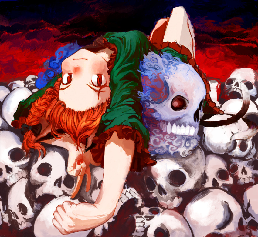 1girl animal_ears braid cat_ears cat_tail clenched_hand dress frills hair_ribbon kaenbyou_rin lying motsuni_(artist) multiple_tails nail_polish nostrils red_eyes redhead ribbon skull smile tail touhou two_tails upside-down v
