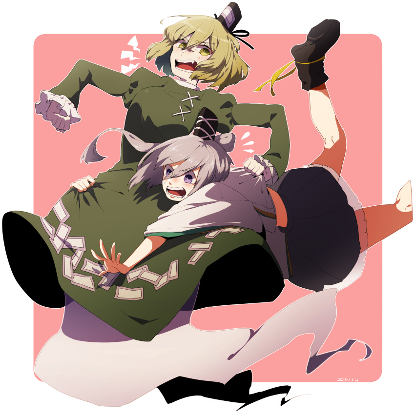 2girls anger_vein angry black_hat black_shoes black_skirt clothes_grab commentary_request dragging dress fang flying_sweatdrops ghost_tail green_dress green_eyes green_hair hair_between_eyes hat highres japanese_clothes juliet_sleeves kariginu lightning_bolt long_sleeves mononobe_no_futo multiple_girls namataro open_mouth outstretched_arm pink_background ponytail puffy_sleeves shoes short_hair silver_hair simple_background skirt soga_no_tojiko sweat tate_eboshi touhou violet_eyes wide_sleeves