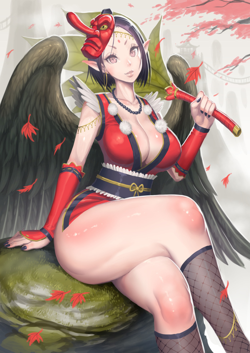 1girl arm_support autumn_leaves black_hair breasts cleavage collarbone crossed_legs hata_(pixiv4102938) head_tilt highres jewelry large_breasts lips looking_at_viewer mask monster_girl necklace original pointy_ears short_hair sitting solo tengu tengu_mask thick_thighs thighs