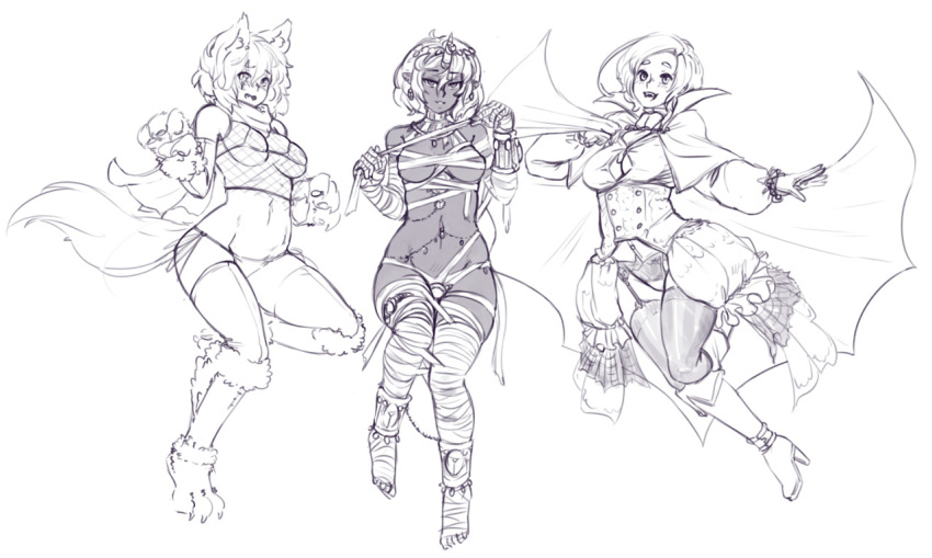 3girls :d animal_ears anklet bandaged_arm bandaged_leg bandages barbariank bikini blush boots bracelet breasts cape capelet claws dark_skin earrings fangs fishnet_top garter_straps greyscale high_heel_boots high_heels horn jewelry knee_boots looking_at_viewer monochrome monster_girl multiple_girls mummy_(cosplay) navel_piercing open_mouth original paws piercing pointy_ears puffy_sleeves short_hair showgirl_skirt side-tie_bikini simple_background sketch smile swimsuit tail thigh-highs vampire_costume