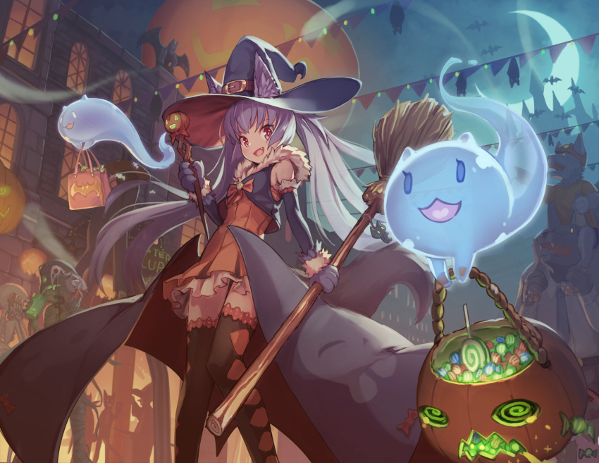 1girl animal_ears bag bat broom candy crescent_moon drink fang ghost halloween hat highres lollipop long_hair looking_at_viewer moon open_mouth original phone pumpkin red_eyes skeleton tail thigh-highs white_hair witch witch_hat wolf wolf_ears wolf_tail yellowpaint.