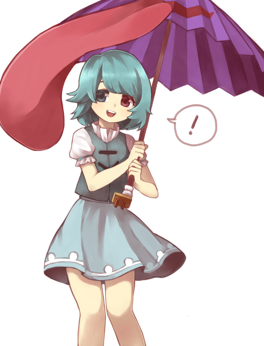 ! 1girl :d blue_hair colored_eyelashes heterochromia highres holding holding_umbrella looking_at_viewer open_mouth puffy_short_sleeves puffy_sleeves round_teeth sasa_kichi short_hair short_sleeves skirt smile solo spoken_exclamation_mark tatara_kogasa teeth tongue touhou tunic umbrella