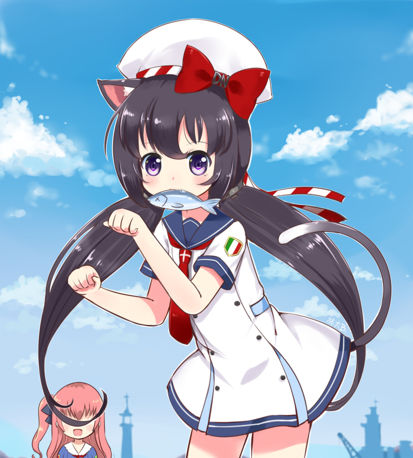 2girls animal_ears antonio_da_noli_(zhan_jian_shao_nyu) badge black_hair blue_background blue_sky blush bow buttons clenched_hands clouds commentary_request covered_eyes double-breasted dress fish fish_in_mouth hat highres italian_flag linda_b long_sleeves looking_at_viewer multiple_girls open_mouth outdoors outline paw_pose pink_hair red_bow sailor_collar short_sleeves sky twintails ugolino_vivaldi_(zhan_jian_shao_nyu) violet_eyes white_dress white_hat white_outline zhan_jian_shao_nyu