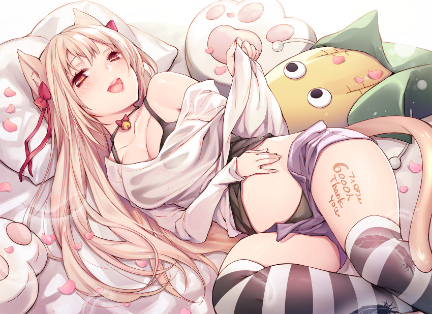 1girl animal_ears bell bell_collar black_panties blonde_hair bow breasts cleavage cocoa_(cafe-hotcocoa) collar hair_bow highres long_hair original panties petals red_eyes solo striped striped_legwear tail thigh-highs underwear