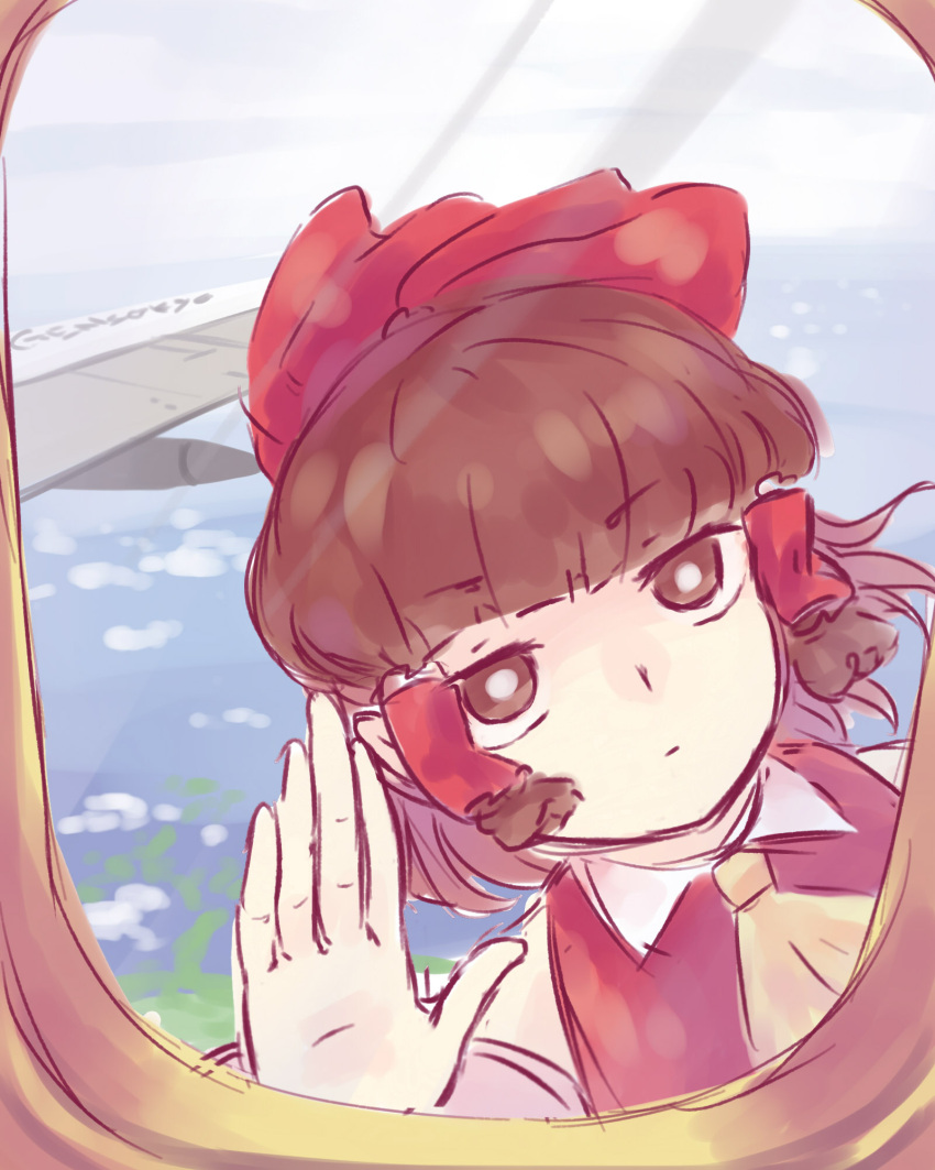 1girl against_glass aircraft airplane ascot bangs blunt_bangs bow closed_mouth day expressionless eyebrows eyebrows_visible_through_hair hair_bow hair_tubes hakurei_reimu highres looking_at_viewer ocean outdoors palms red_bow sketch solo touhou upper_body white_pupils window yoruny