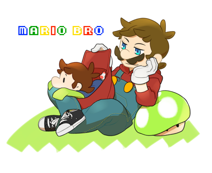 1up baby baby_luigi backpack bag blue_eyes brothers brown_hair facial_hair gloves highres indian_style luigi male_focus mario super_mario_bros. mustache overalls redlhzz shoes siblings sitting sleeves_past_wrists sneakers socks super_mario_bros. time_paradox white_gloves younger |_|