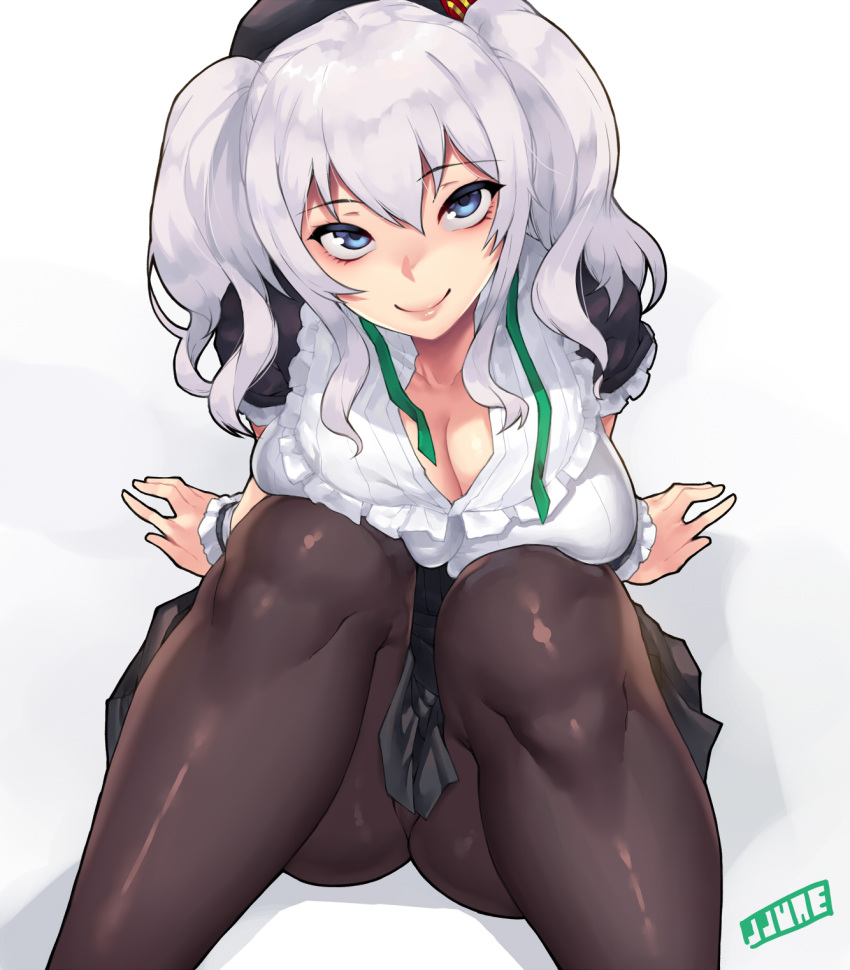 1girl alternate_costume artist_name ass beret black_legwear blue_eyes breasts cleavage hat highres jjune kantai_collection kashima_(kantai_collection) knees_to_chest long_hair looking_at_viewer pantyhose silver_hair sitting skirt smile solo twintails